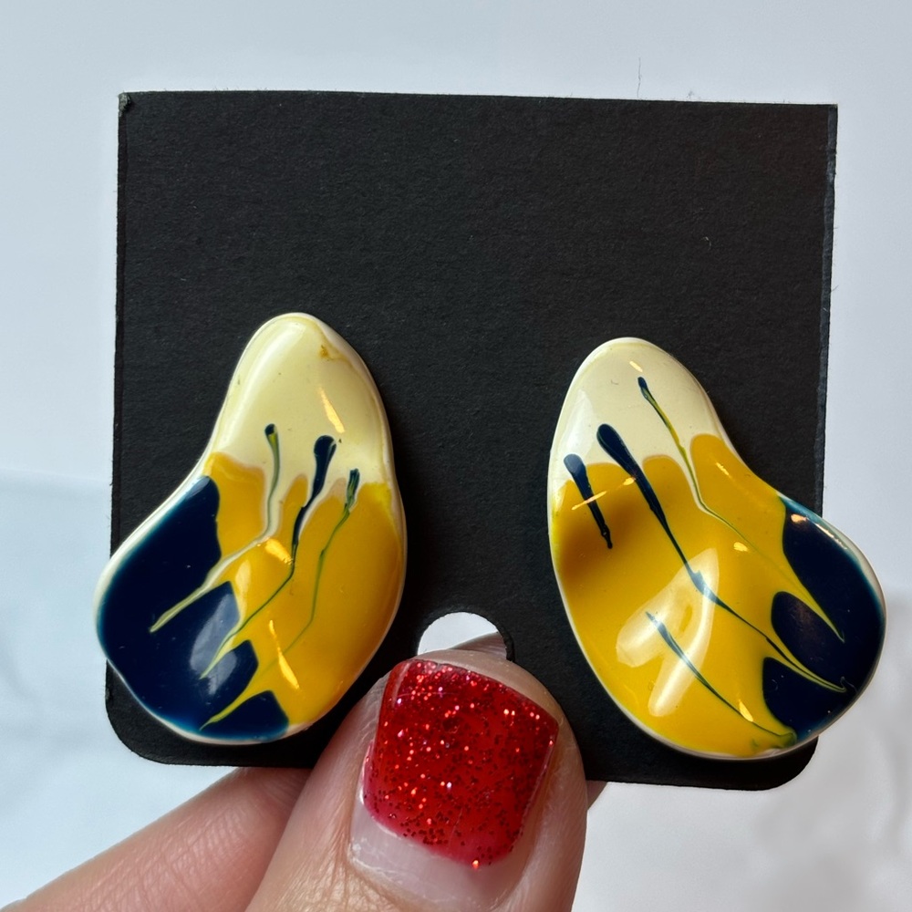 Eclectic Vintage Art Earrings, Wavy Blue Yellow White Paint Streak Stud Earring